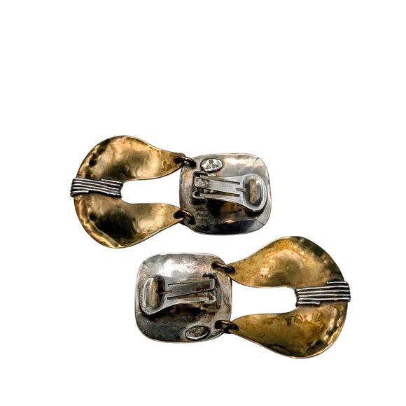 Marjorie Baer SF Signed Brass Mixed Metal Modern Dangle Drop Clip On Earrings - Picture 2 of 8